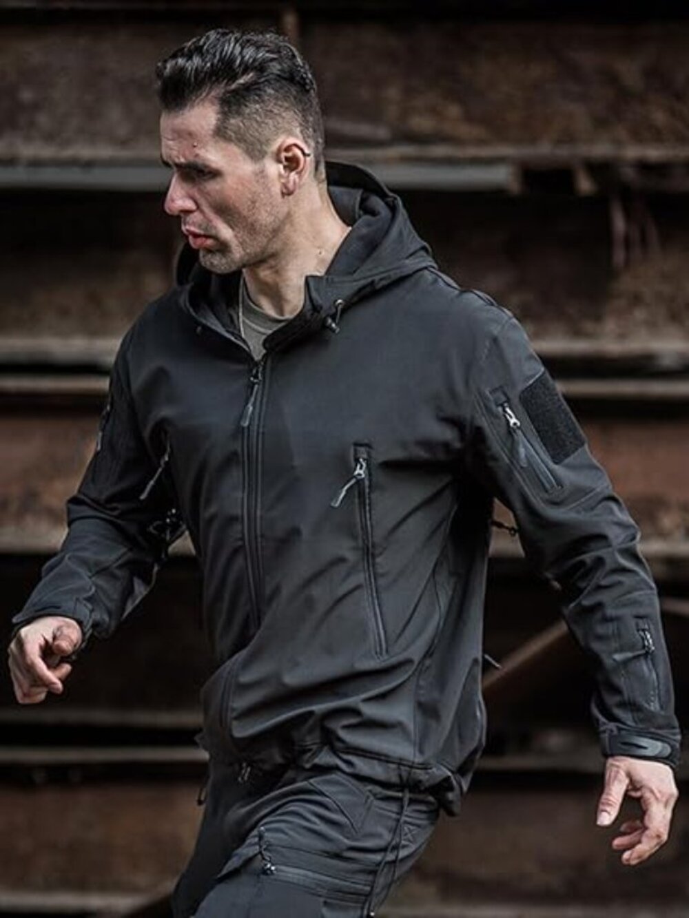 Military Tactical Jacket Softshell Black Fleece Lined Utility Hooded Windbreaker